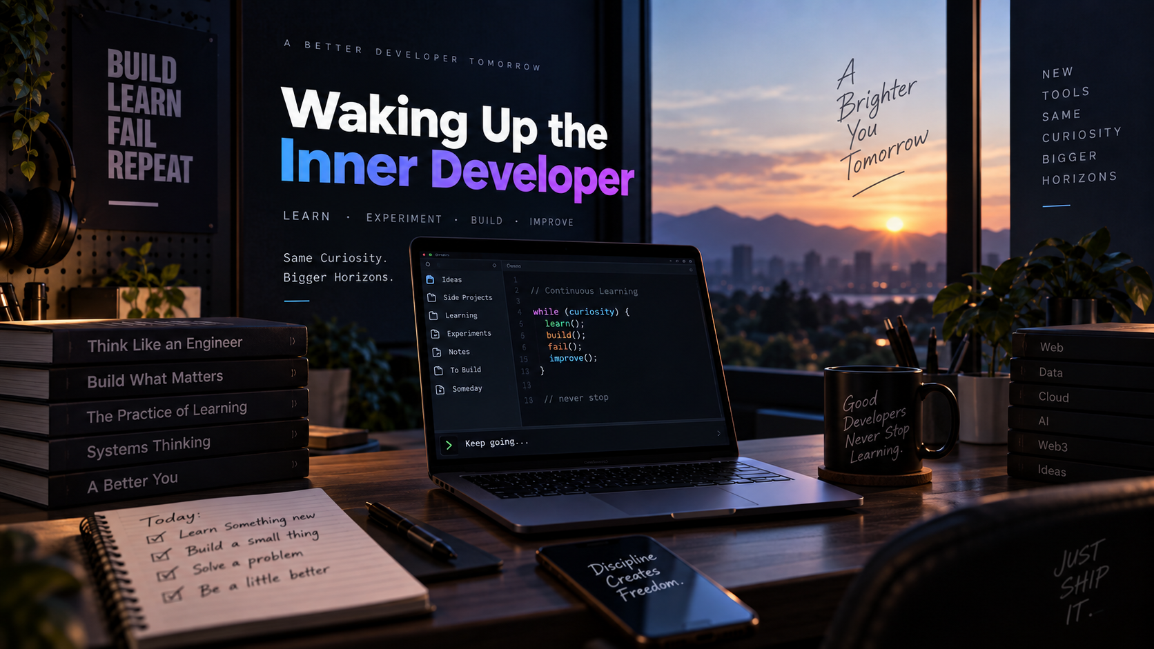 A developer's desk at sunrise with a laptop displaying a continuous learning loop and notes about learning, building, and improving.